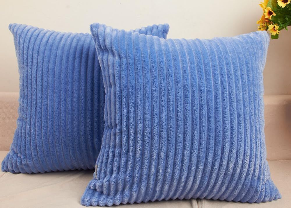 2669 Set of 2 Soft Plush Velvet Big Striped Corduroy Solid Decorative Throw